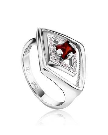Vintage Style Silver Ring With Garnet And Crystals, Ring Size: 6.5 / 17, image 