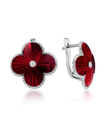 Red Enamel Clover Shaped Earrings With Diamonds The Heritage, image 