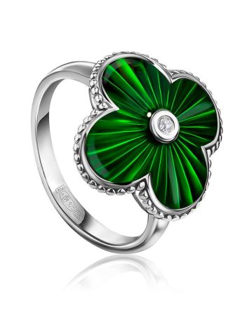Green Enamel Four Petal Ring With Diamond The Heritage, Ring Size: 7 / 17.5, image 