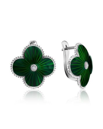 Green Enamel Four Petal Earrings With Diamonds The Heritage, image 