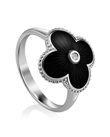 Black Enamel Four Petal Silver Ring With Diamond The Heritage, Ring Size: 8 / 18, image 