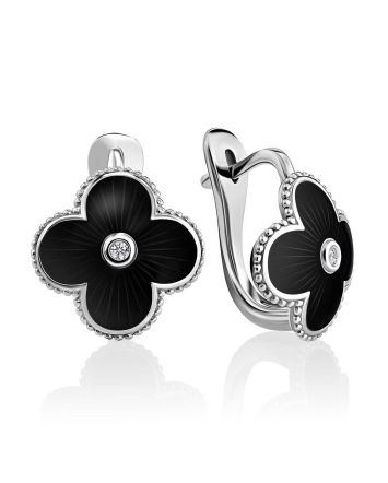 Black Enamel Four Petal Silver Earrings With Diamond The Heritage, image 