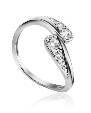 Chic Designer Silver Ring With Crystals, Ring Size: 6.5 / 17, image 