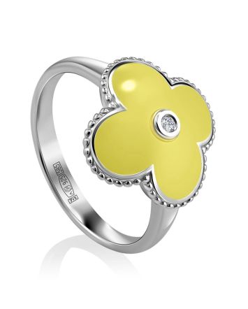Yellow Enamel Clover Shaped Ring With Diamond The Heritage, Ring Size: 6 / 16.5, image 