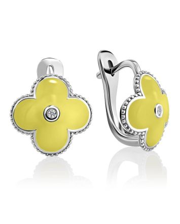 Silver Floral Earrings With Yellow Enamel And Diamonds The Heritage, image 