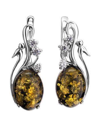 Green Amber Earrings In Sterling Silver With Crystals The Swan, image 