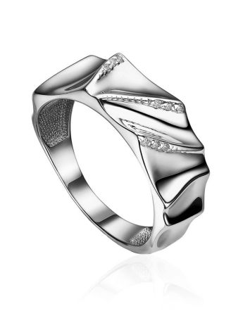 Elegantly Sculpted Silver Crystal Ring, Ring Size: 8 / 18, image 