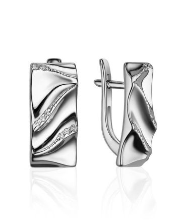 Elegantly Sculpted Silver Crystal Earrings, image 