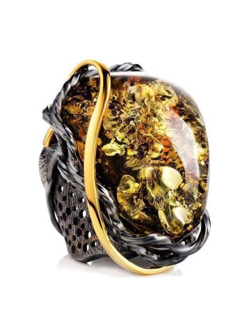 Adjustable Green Amber Cocktail Ring In Gold-Plated Silver The Sirena, Ring Size: Adjustable, image 