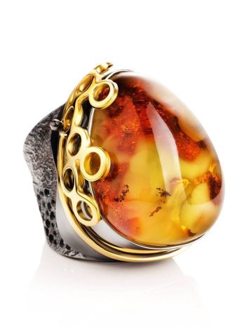 Bold Handcrafted Cocktail Ring With Cognac Amber In Gold-Plated Silver The Sirena, Ring Size: Adjustable, image 