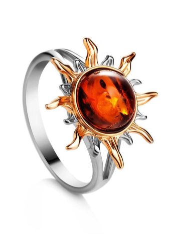 Sun Shaped Amber Ring In Gold-Plated Silver The Helios, Ring Size: 12 / 21.5, image 