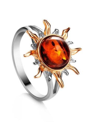 Sun Shaped Amber Ring In Gold-Plated Silver The Helios, Ring Size: 13 / 22, image 