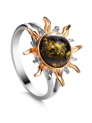 Gold-Plated Ring With Green Amber Stone The Helios, Ring Size: 13 / 22, image 
