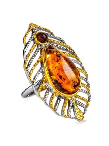 Bohemian Chic Amber Ring In Gold-Plated Silver The Peacock Feather, Ring Size: 9 / 19, image 