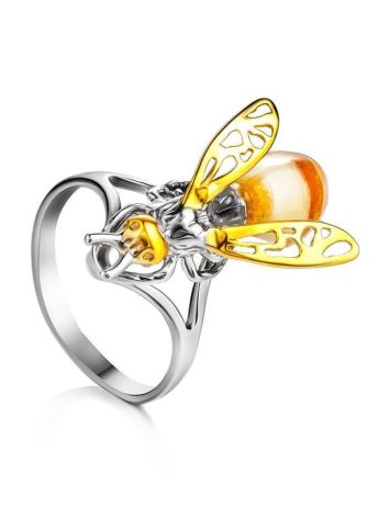 Cocktail Amber Ring In Gold-Plated Silver The Bee, Ring Size: 13 / 22, image 
