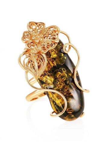 Charming Handmade Green Amber Ring In Gold-Plated Silver The Dew, Ring Size: Adjustable, image 
