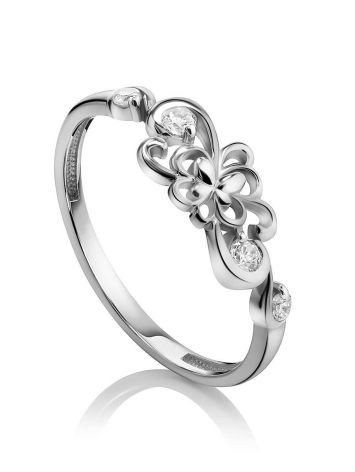 Silver Floral Ring With Crystals, Ring Size: 5 / 15.5, image 