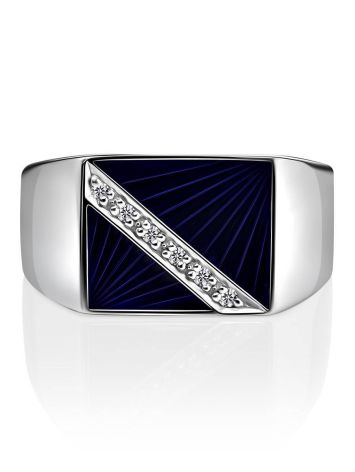 Geometric Unisex Silver Signet Ring With Enamel And Diamonds The Heritage, Ring Size: 9 / 19, image , picture 3