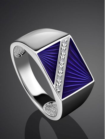 Geometric Unisex Silver Signet Ring With Enamel And Diamonds The Heritage, Ring Size: 9 / 19, image , picture 2