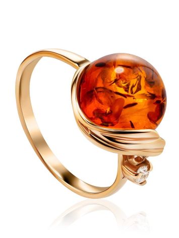 Bright Cognac Amber Ring With Crystal The Swan, Ring Size: 8 / 18, image 