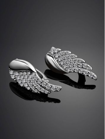 Silver Wing Shaped Earrings With Crystals, image , picture 2