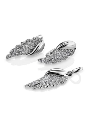 Silver Wing Shaped Earrings With Crystals, image , picture 4