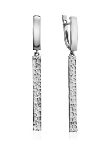Textured Silver Dangles With White Crystals, image 