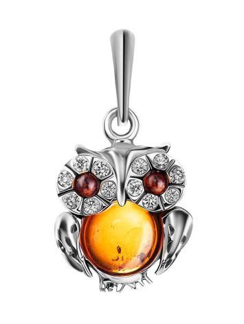 Cute Cognac Colored Amber Owl Pendant, image 