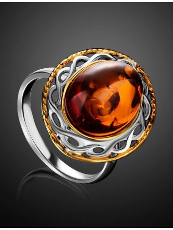 Кольцо из коньячного янтаря в ажурной оправе с позолотой «Вавилон» 17, Ring Size: 13 / 22, image , picture 2