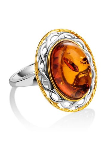 Кольцо из коньячного янтаря в ажурной оправе с позолотой «Вавилон» 17, Ring Size: 13 / 22, image , picture 4