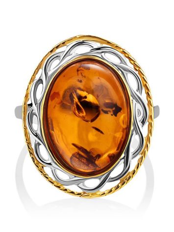 Кольцо из коньячного янтаря в ажурной оправе с позолотой «Вавилон» 17, Ring Size: 13 / 22, image , picture 3