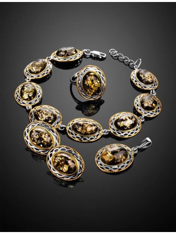 Яркое кольцо из зелёного янтаря в серебре с позолотой «Вавилон» 16.5, Ring Size: 13 / 22, image , picture 6