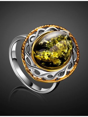 Яркое кольцо из зелёного янтаря в серебре с позолотой «Вавилон» 16.5, Ring Size: 13 / 22, image , picture 2