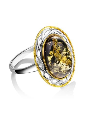 Яркое кольцо из зелёного янтаря в серебре с позолотой «Вавилон» 16.5, Ring Size: 13 / 22, image , picture 5