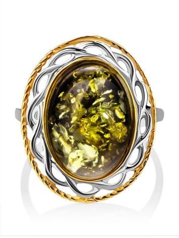 Яркое кольцо из зелёного янтаря в серебре с позолотой «Вавилон» 16.5, Ring Size: 13 / 22, image , picture 4