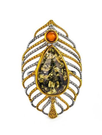 Эффектное кольцо «Павлин» из серебра с позолотой и зелёного янтаря 17.5, Ring Size: 12 / 21.5, image , picture 3