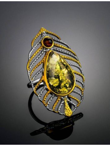 Эффектное кольцо «Павлин» из серебра с позолотой и зелёного янтаря 17.5, Ring Size: 12 / 21.5, image , picture 2
