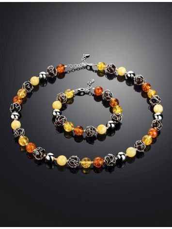 Ball Beaded Necklace With Multicolor Amber And Silver, image , picture 6
