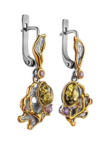 Gold-Plated Silver Drop Earrings With Green Amber And Crystals The Beatrice, image , picture 3