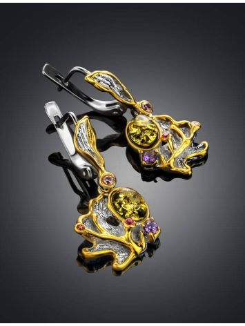Gold-Plated Silver Drop Earrings With Green Amber And Crystals The Beatrice, image , picture 2