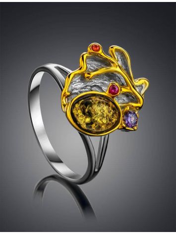 Gold Plated Ring With Green Amber And Crystals The Beatrice, Ring Size: 13 / 22, image , picture 2