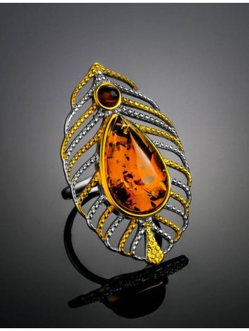 Bohemian Chic Amber Ring In Gold-Plated Silver The Peacock Feather, Ring Size: 9 / 19, image , picture 2