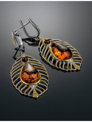 Bohemian Chic Amber Drop Earrings​ In Gold-Plated Silver The Peacock Feather, image , picture 2