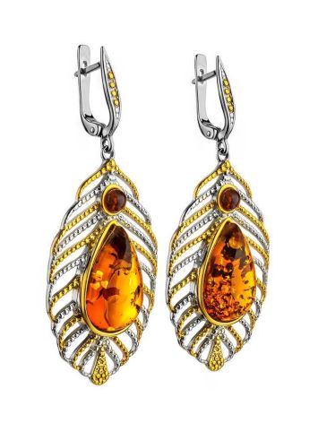 Bohemian Chic Amber Drop Earrings​ In Gold-Plated Silver The Peacock Feather, image , picture 3
