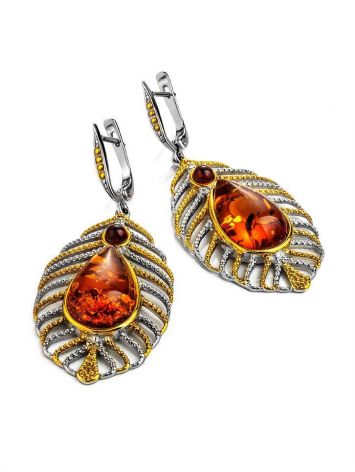 Bohemian Chic Amber Drop Earrings​ In Gold-Plated Silver The Peacock Feather, image , picture 5