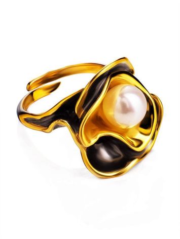Bold Gold-Plated Ring With Cultured Pearl The Turandot, Ring Size: Adjustable, image , picture 4