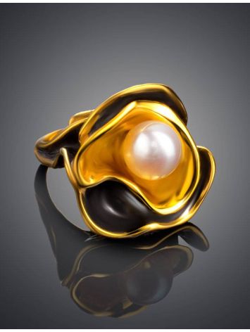 Bold Gold-Plated Ring With Cultured Pearl The Turandot, Ring Size: Adjustable, image , picture 2