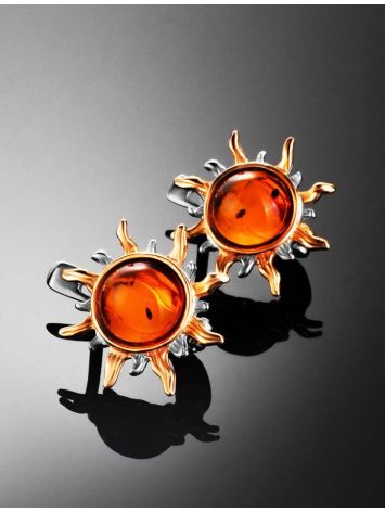 Sun Shaped Amber Earrings In Gold-Plated Silver The Helios, image , picture 2