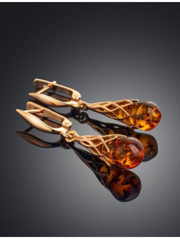 Cognac Amber Earrings In Gold-Plated Silver The Roxanne, image , picture 2