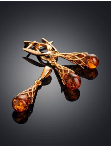 Cognac Amber Earrings In Gold-Plated Silver The Roxanne, image , picture 5